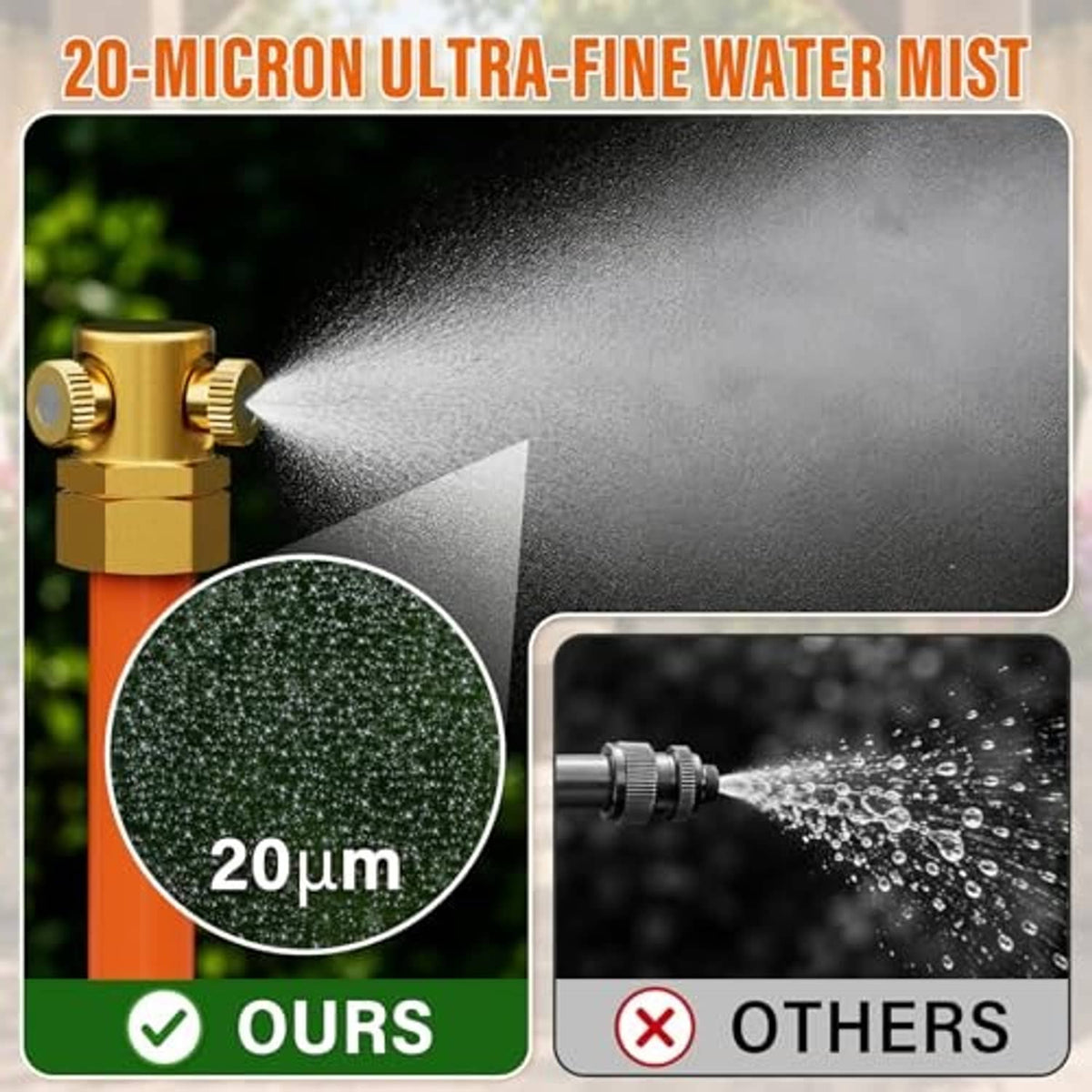 Brass nozzle releasing ultra-fine mist along an orange hose mister line