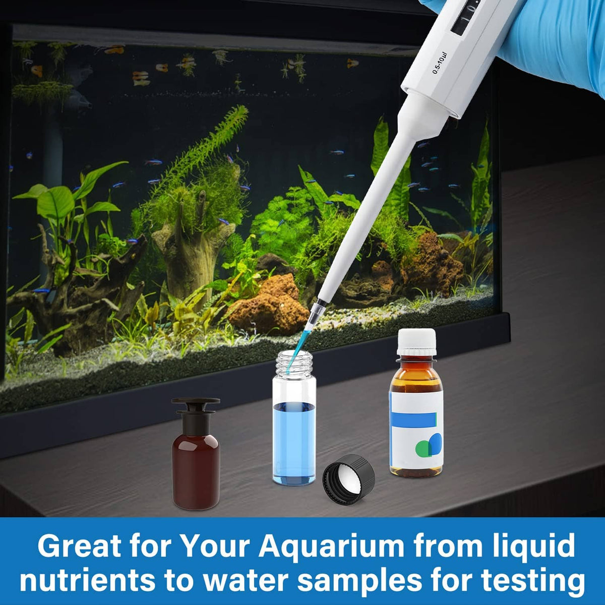 Single-channel micropipette dispensing into aquarium sample with reagent bottles