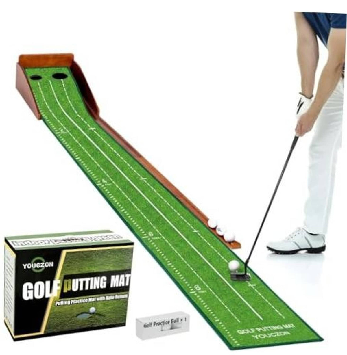 Indoor golf putting mat with two holes, green turf strip and ball return base