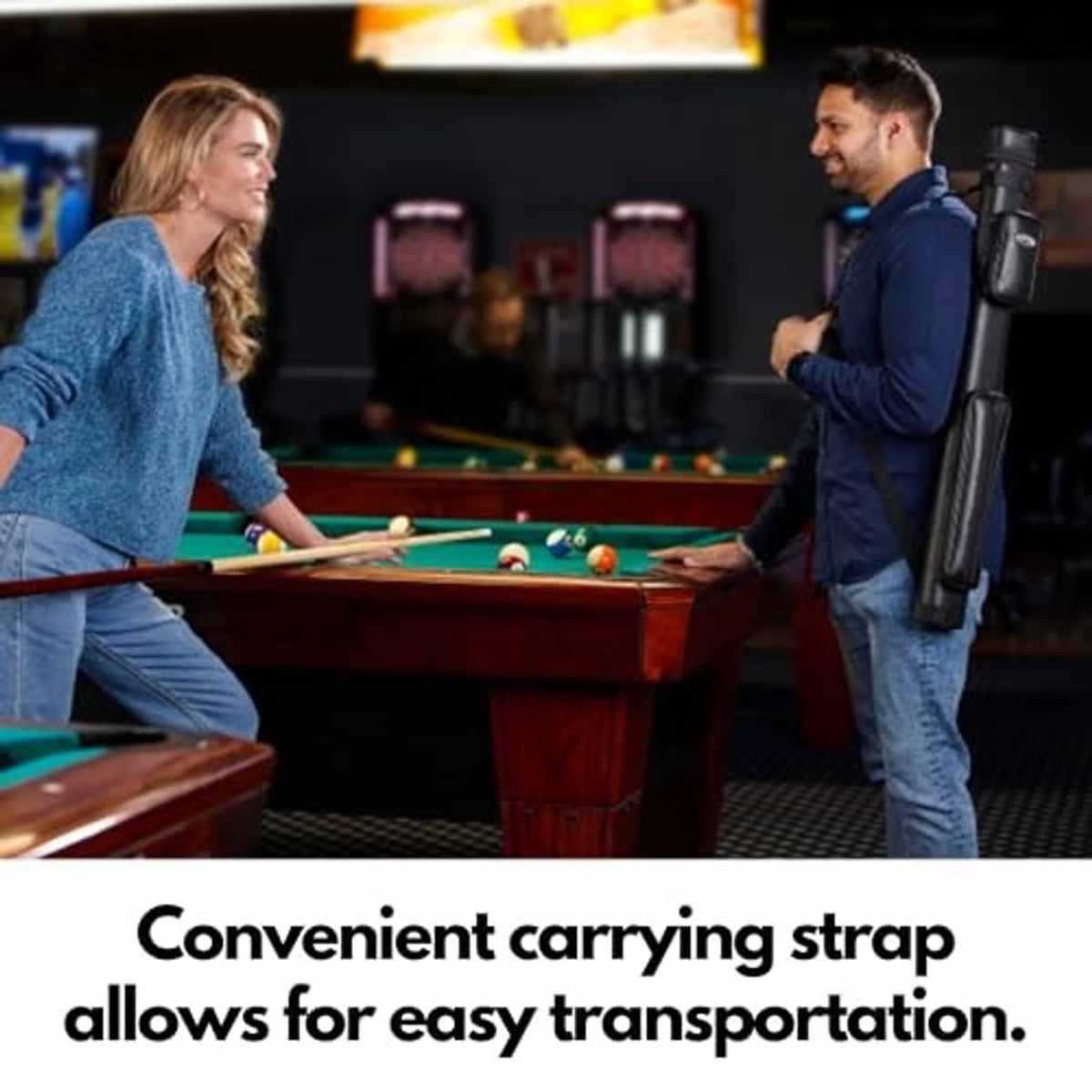 Black billiard cue hard case worn with carrying strap at a pool table