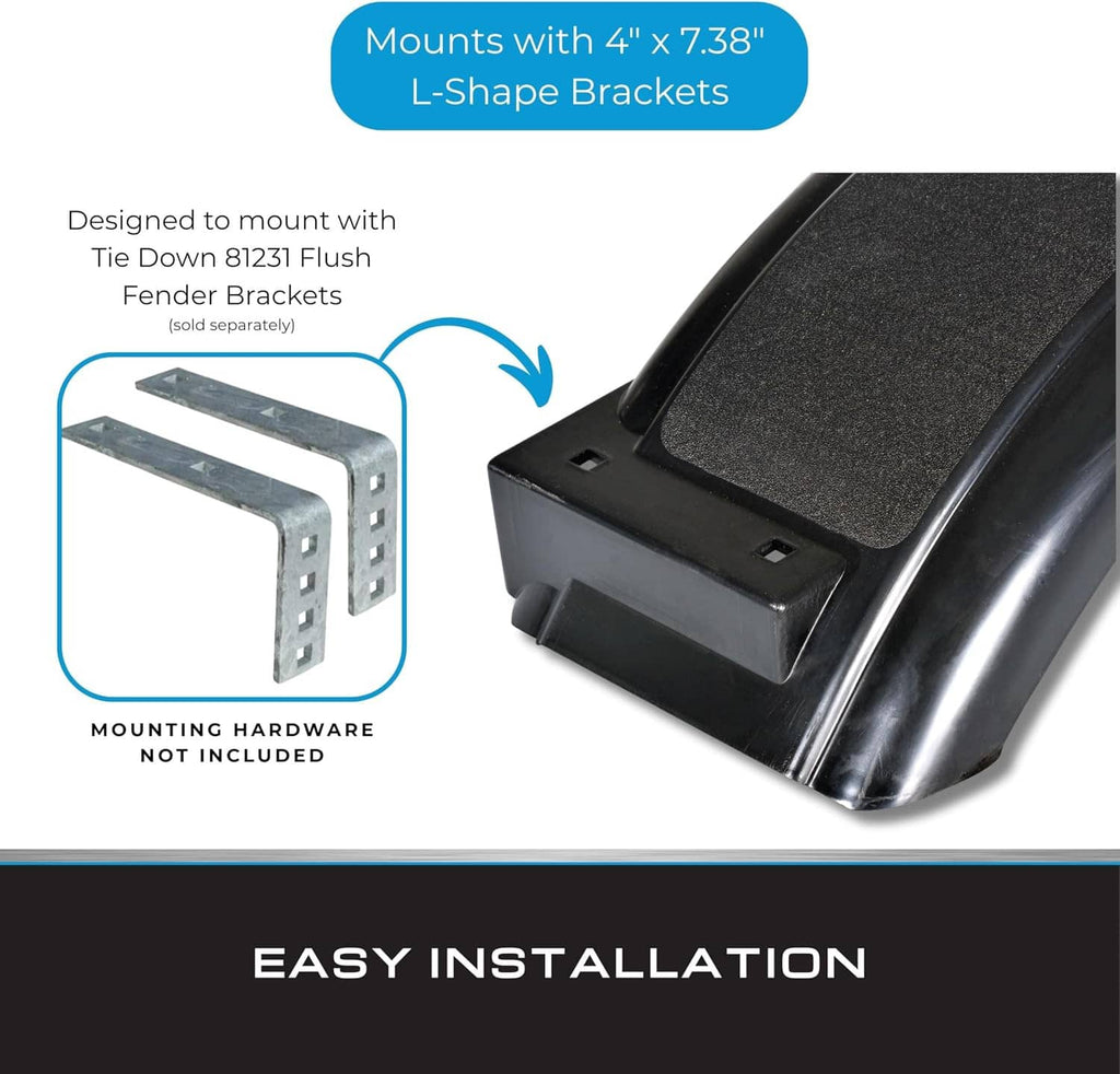 Black plastic trailer fender with integrated mounting base for L-shaped brackets