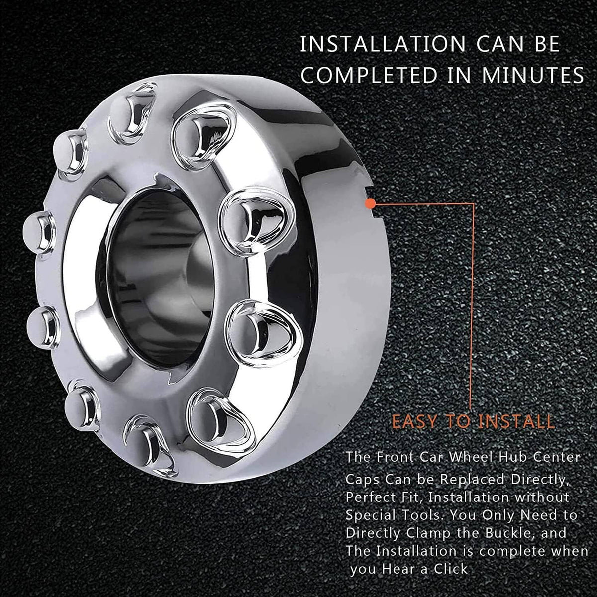 Chrome 10-lug wheel center hub cap with installation and easy-fit design