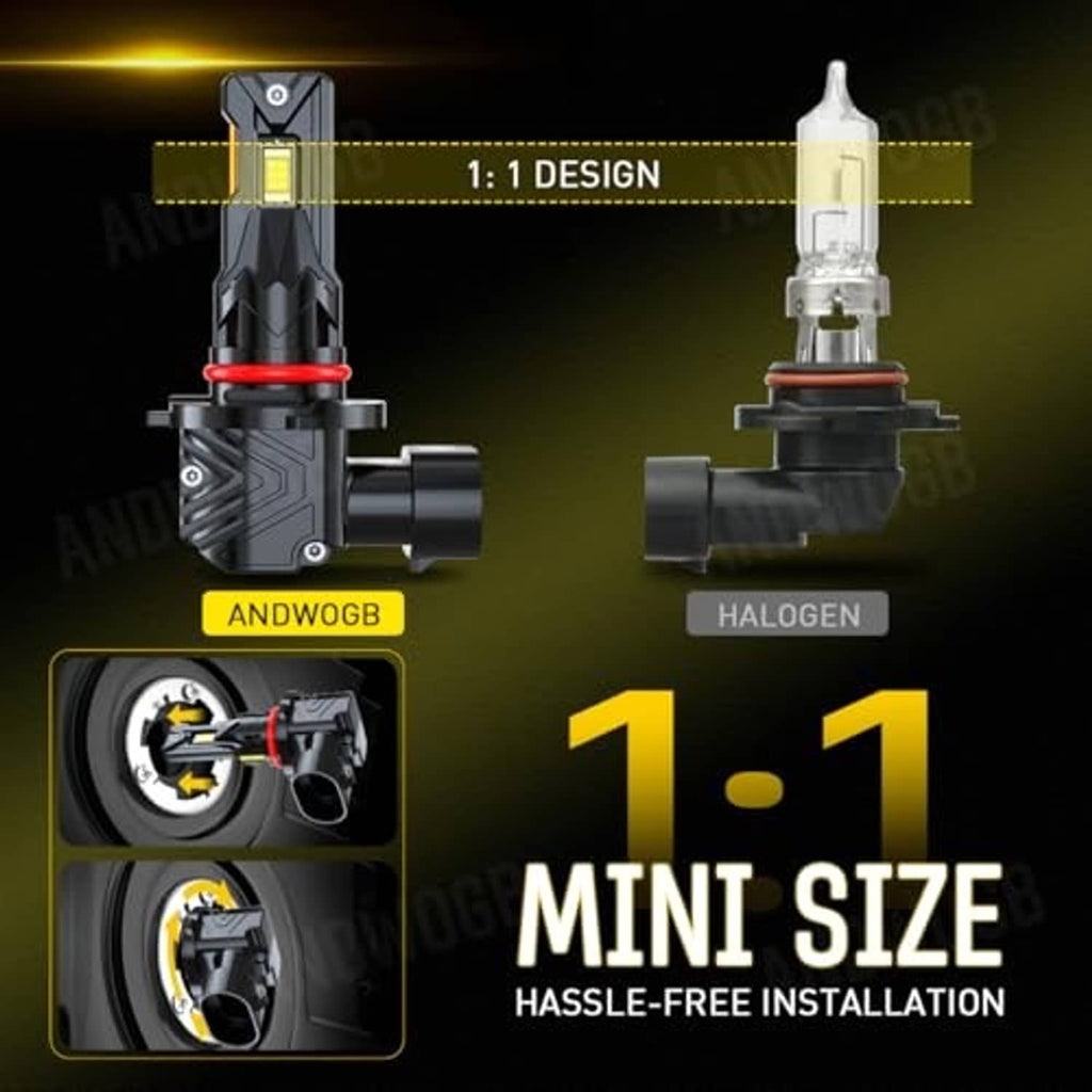 LED headlight bulb close-up with small rectangular LED chip and base