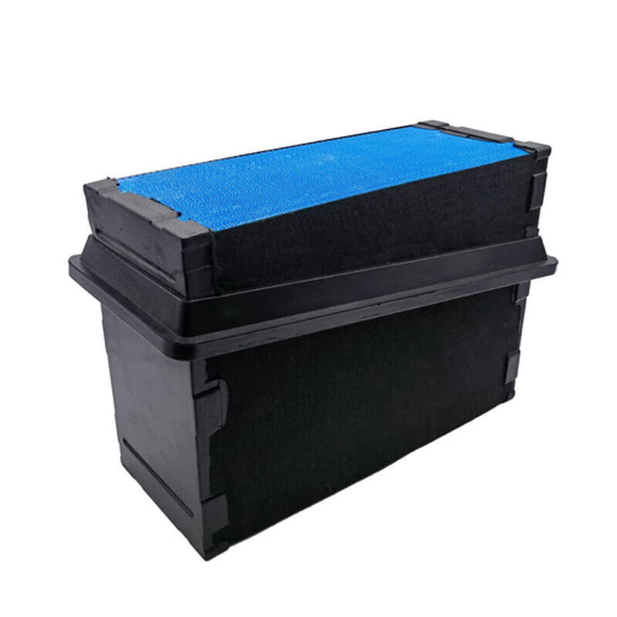 Engine air filter with blue top media and black housing, front-side view