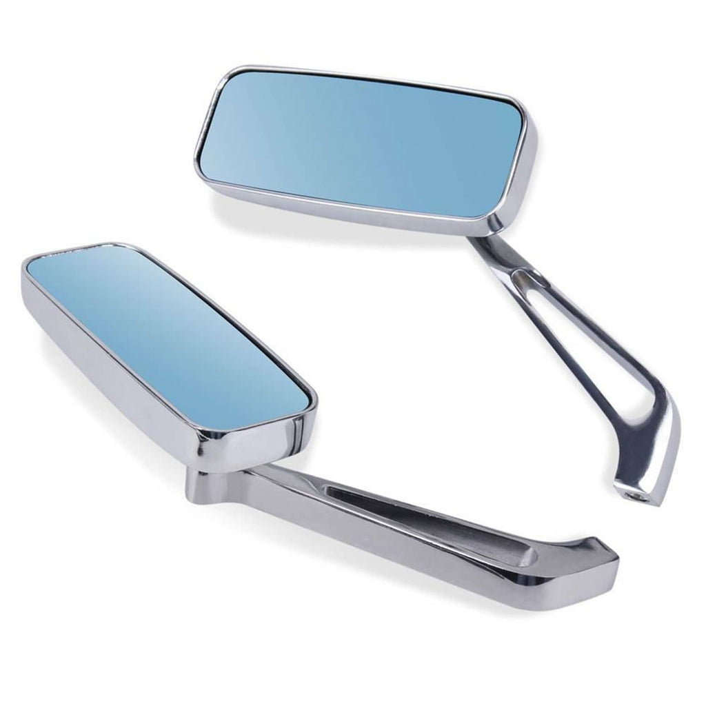 Motorcycle rearview side rectangle mirror pair with blue tinted glass and chrome base