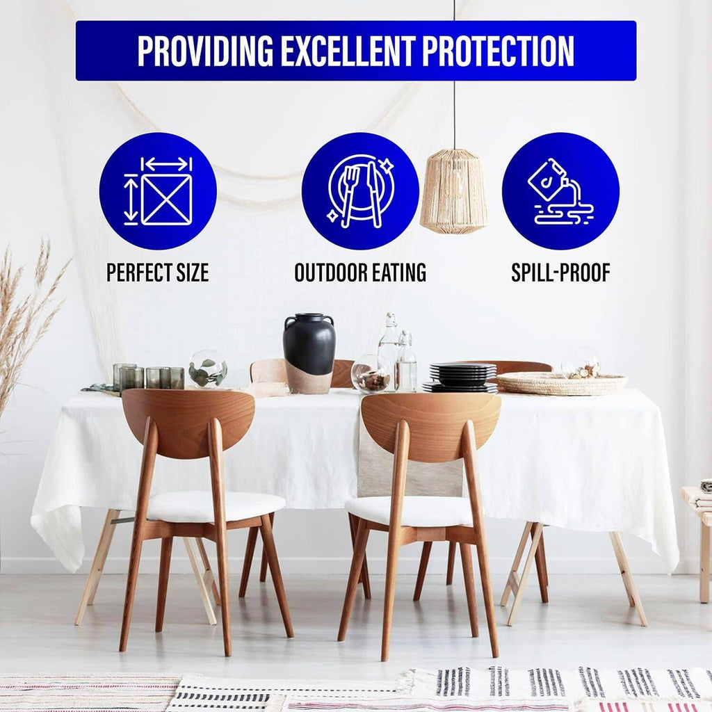 Round white plastic tablecloth with gold dots for outdoor dining, spill-proof