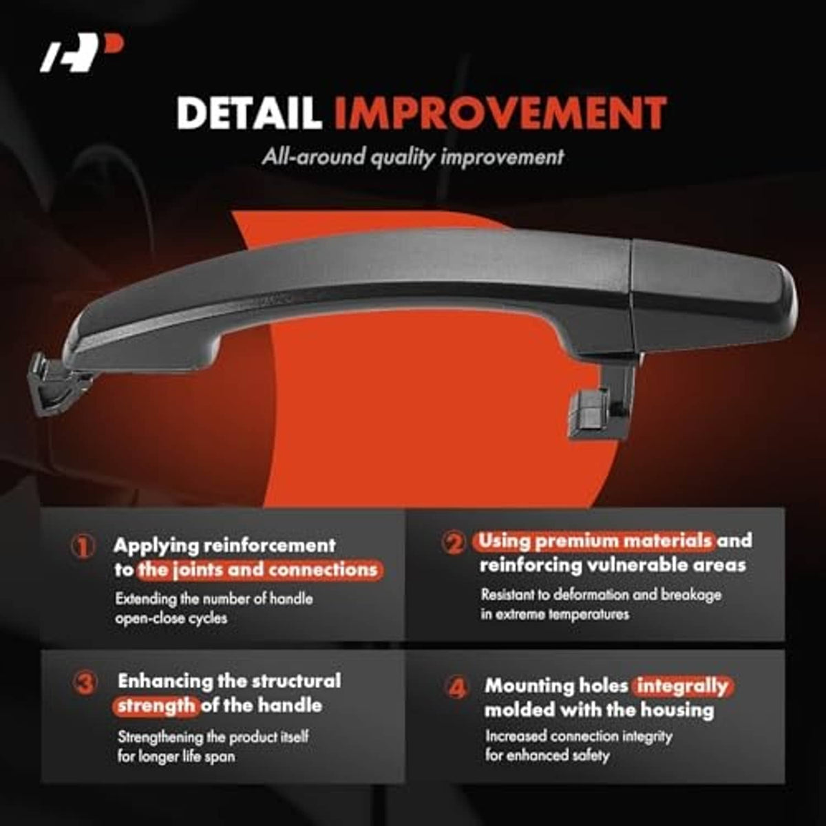 Gray-black exterior door handle with reinforced mounting tab (front passenger side)