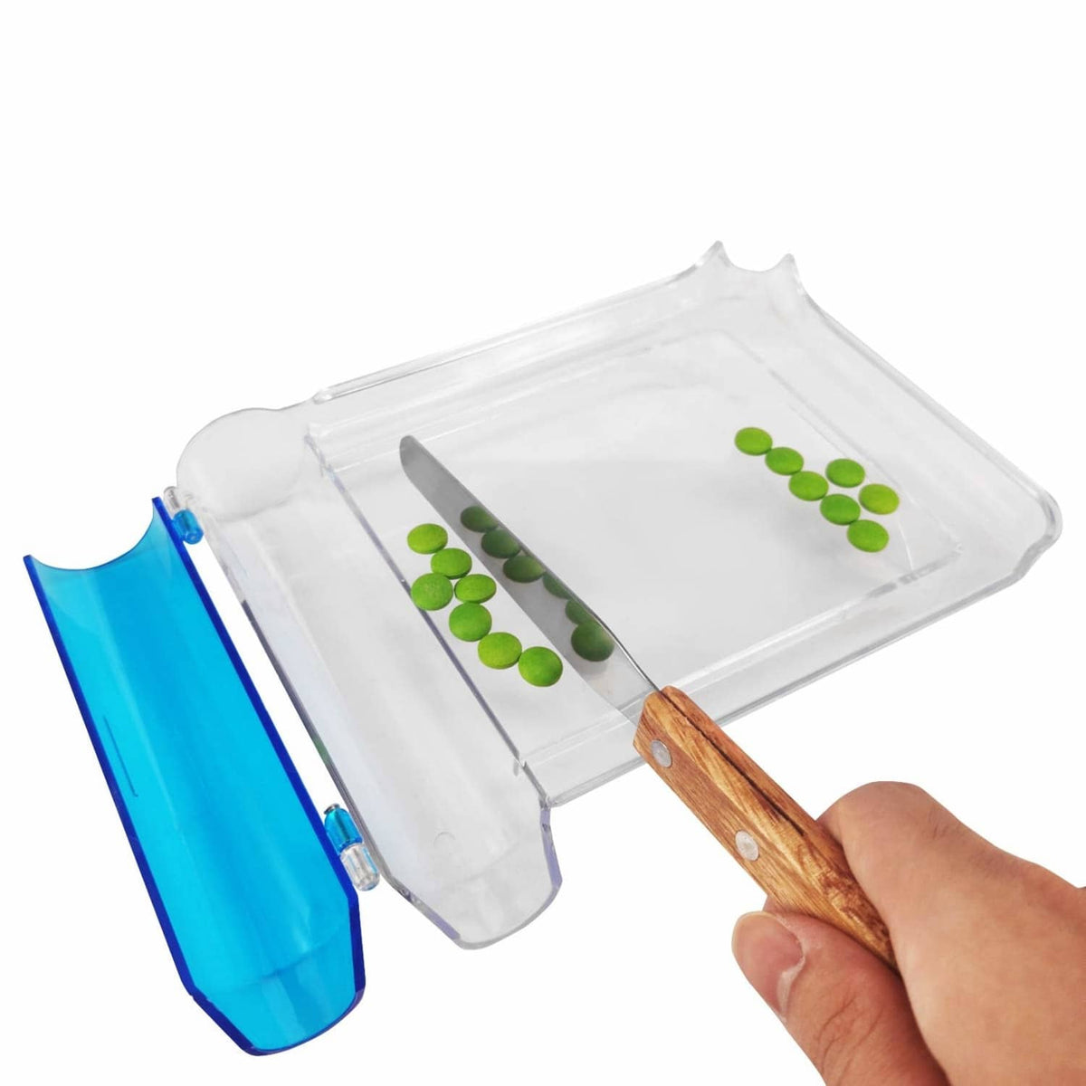 Pill counting tray with clear compartments, blue pusher, and wooden spatula handle