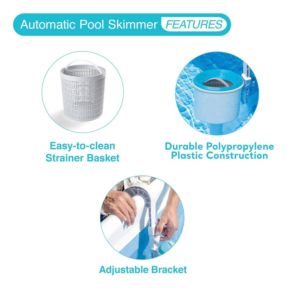 Pool skimmer features diagram showing strainer basket and adjustable bracket