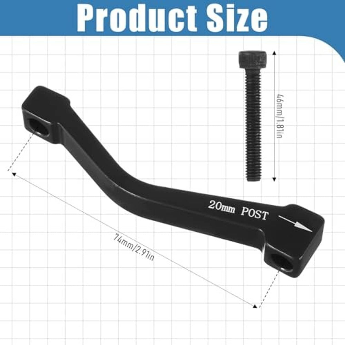 20mm post mount disc brake caliper adapter, black curved bracket with threaded bolt