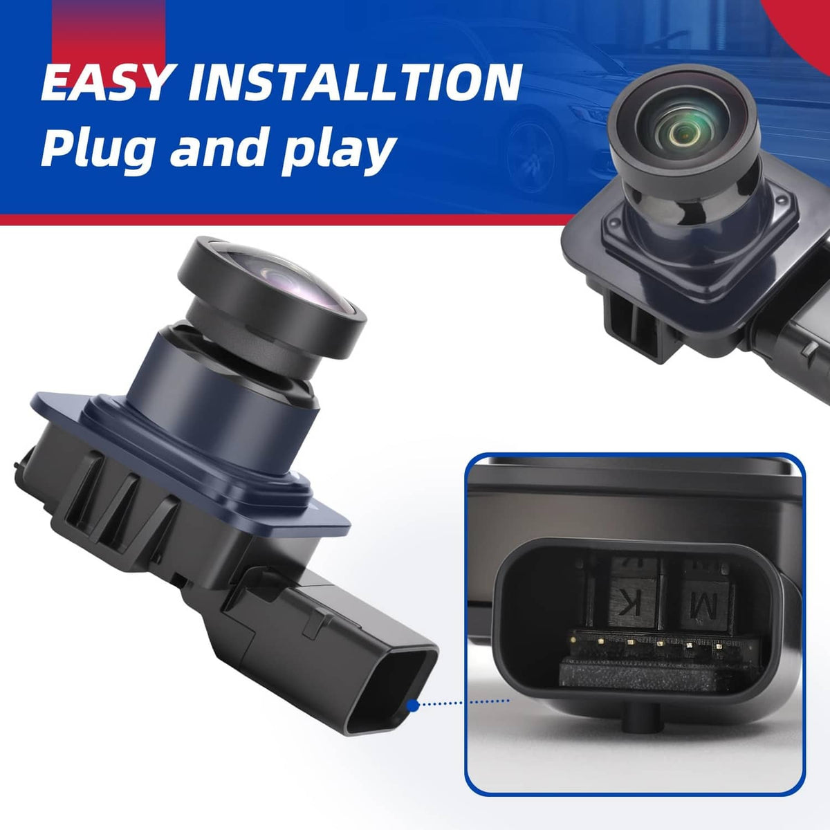 Rear view backup camera with lens and plug-style connector, angled view