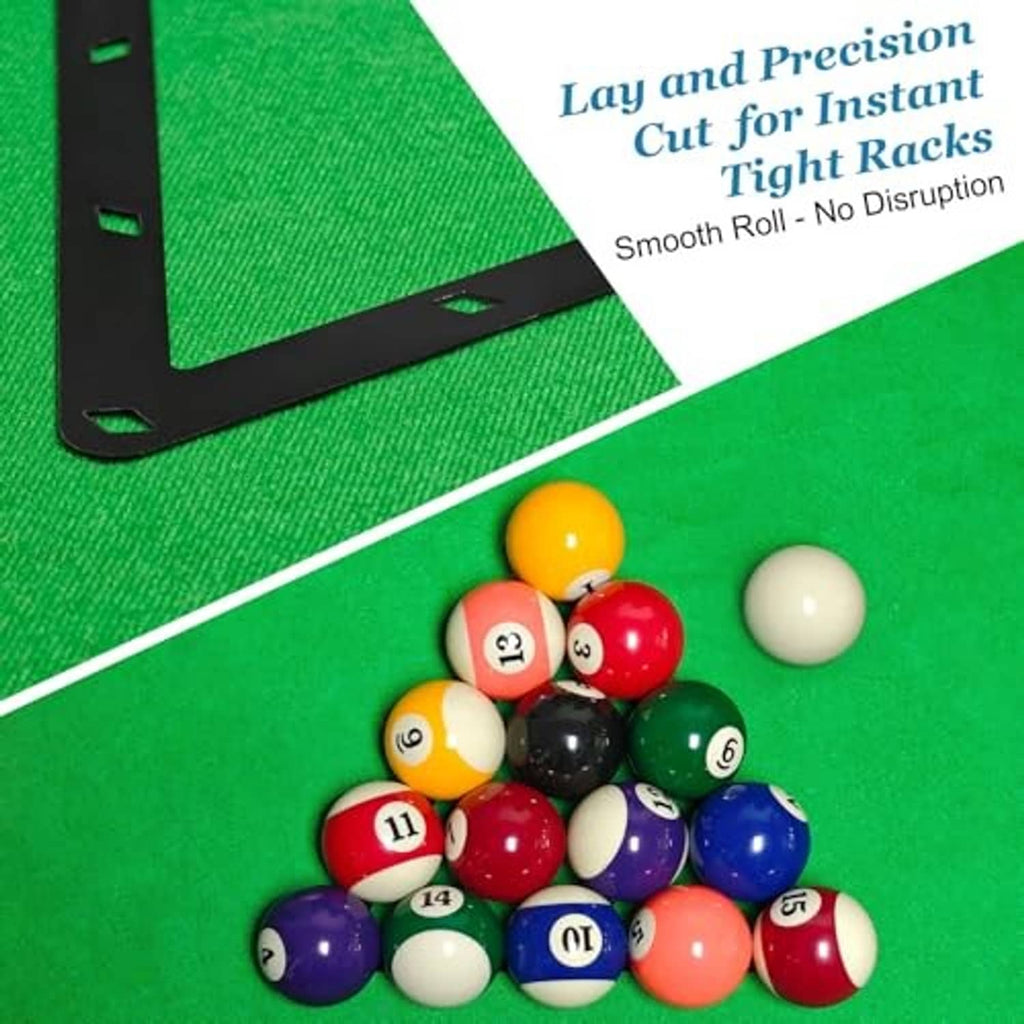 Triangular pool ball rack sheet on green felt with cluster of billiard balls