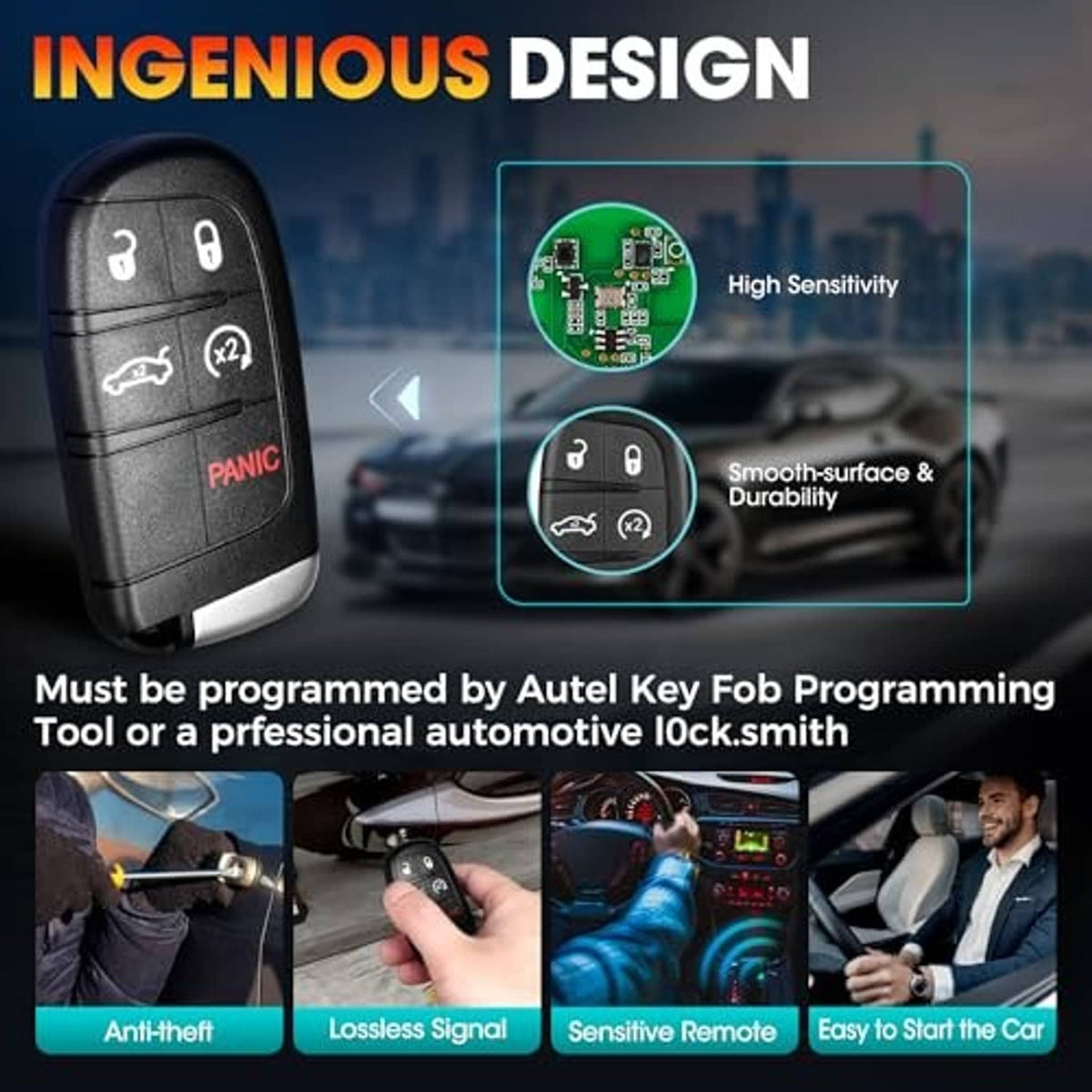Black key fob with buttons and green electronics PCB for smart key replacement