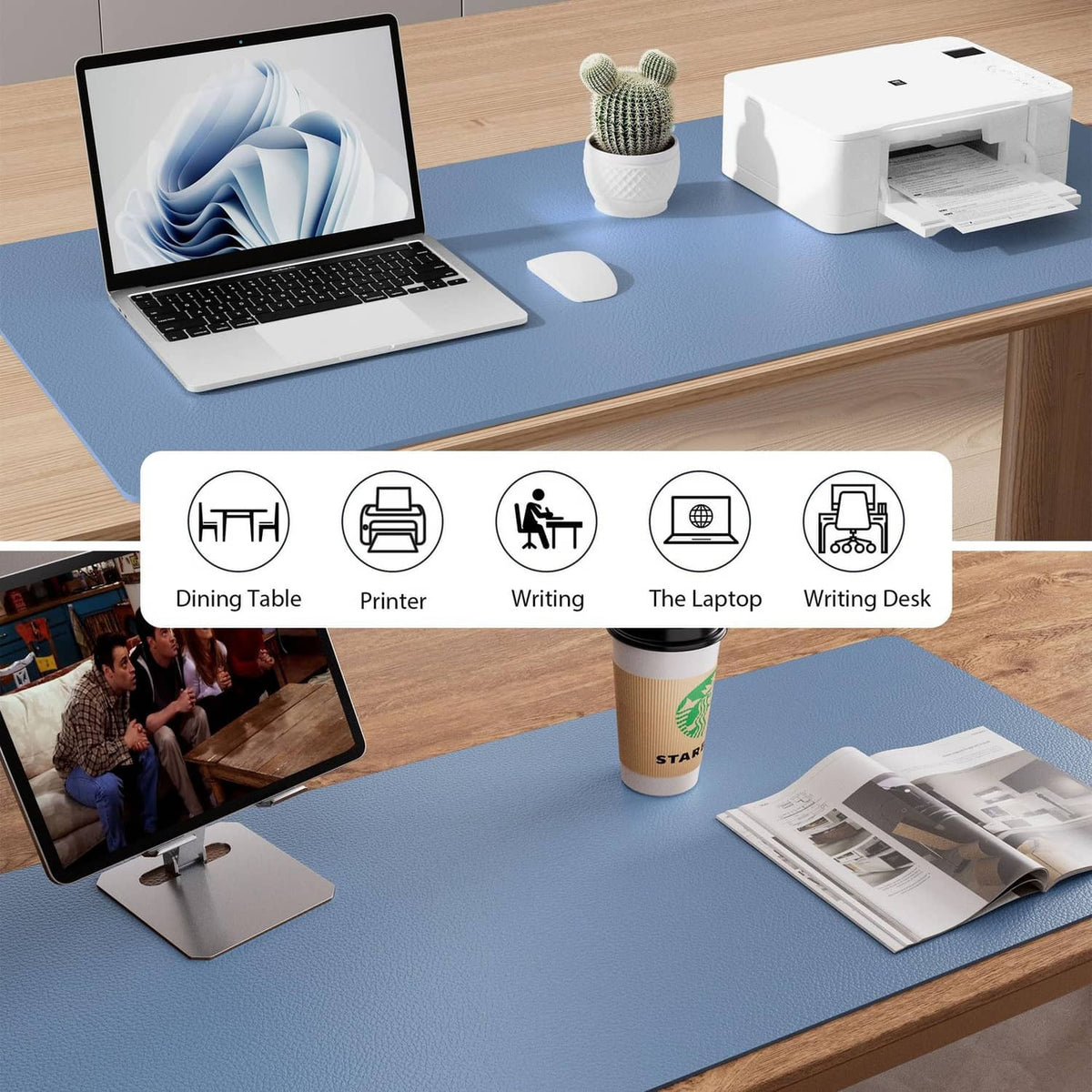 Denim blue desk pad protector covering a workstation table with laptop and mouse
