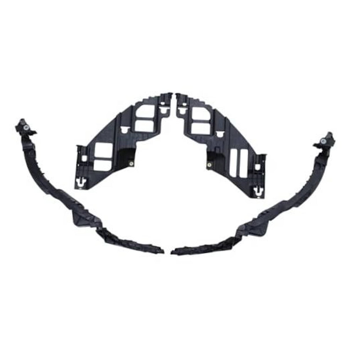 Front headlight guide support brackets with bumper bracket trim, black plastic set
