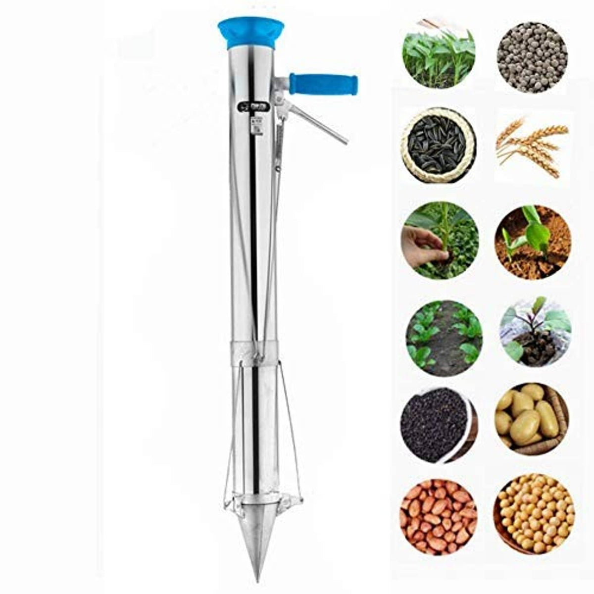 Long handled bulb planter tool with blue handle grips and stainless-steel body