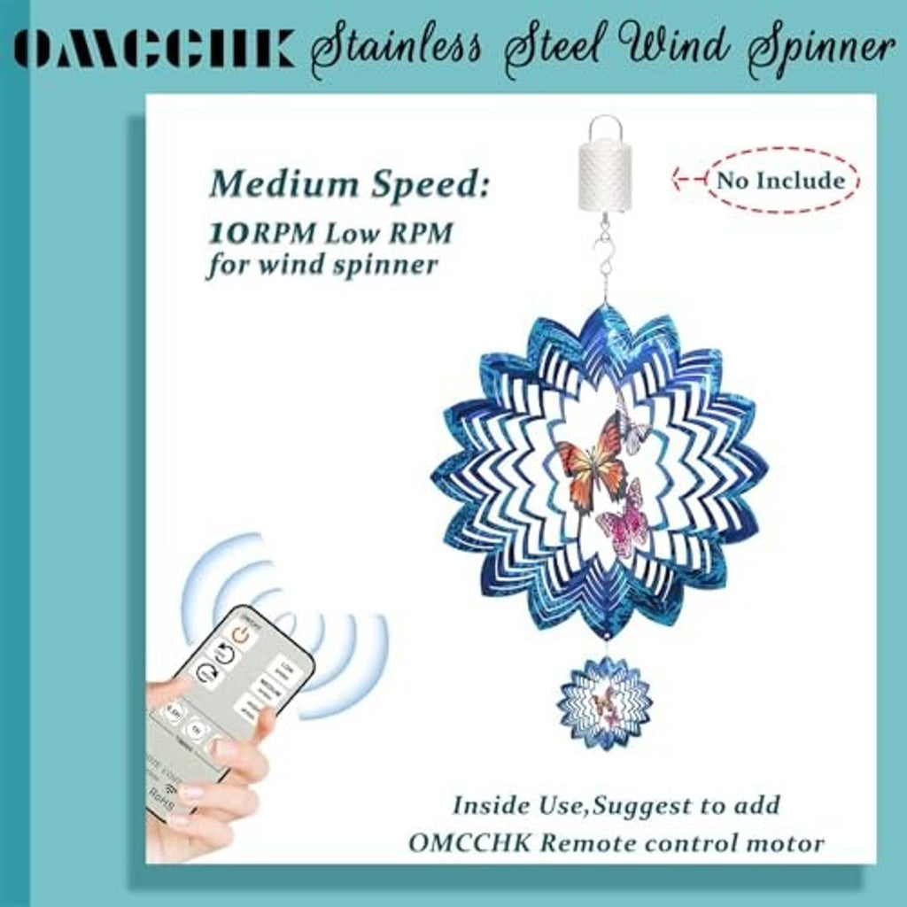 Blue and white butterfly wind spinner hanging from stainless hook with small charm