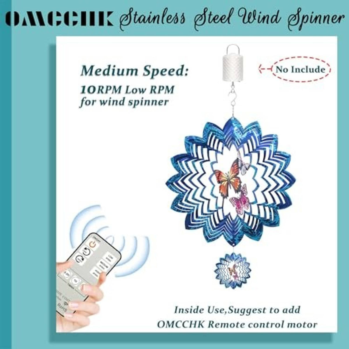 Blue and white butterfly wind spinner hanging from stainless hook with small charm