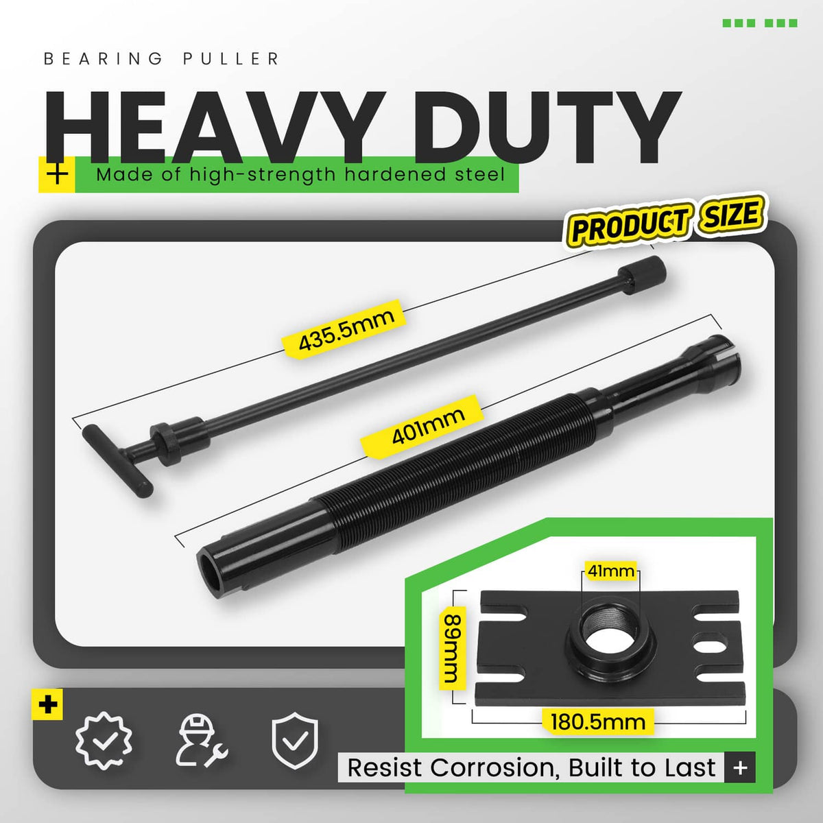 Heavy-duty bearing puller tool set with threaded rod, long handle, and base plate