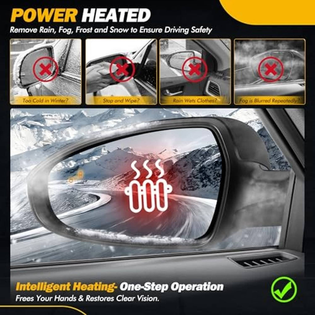 Heated left side mirror glass with glowing de-ice heating pattern and rain/snow icons