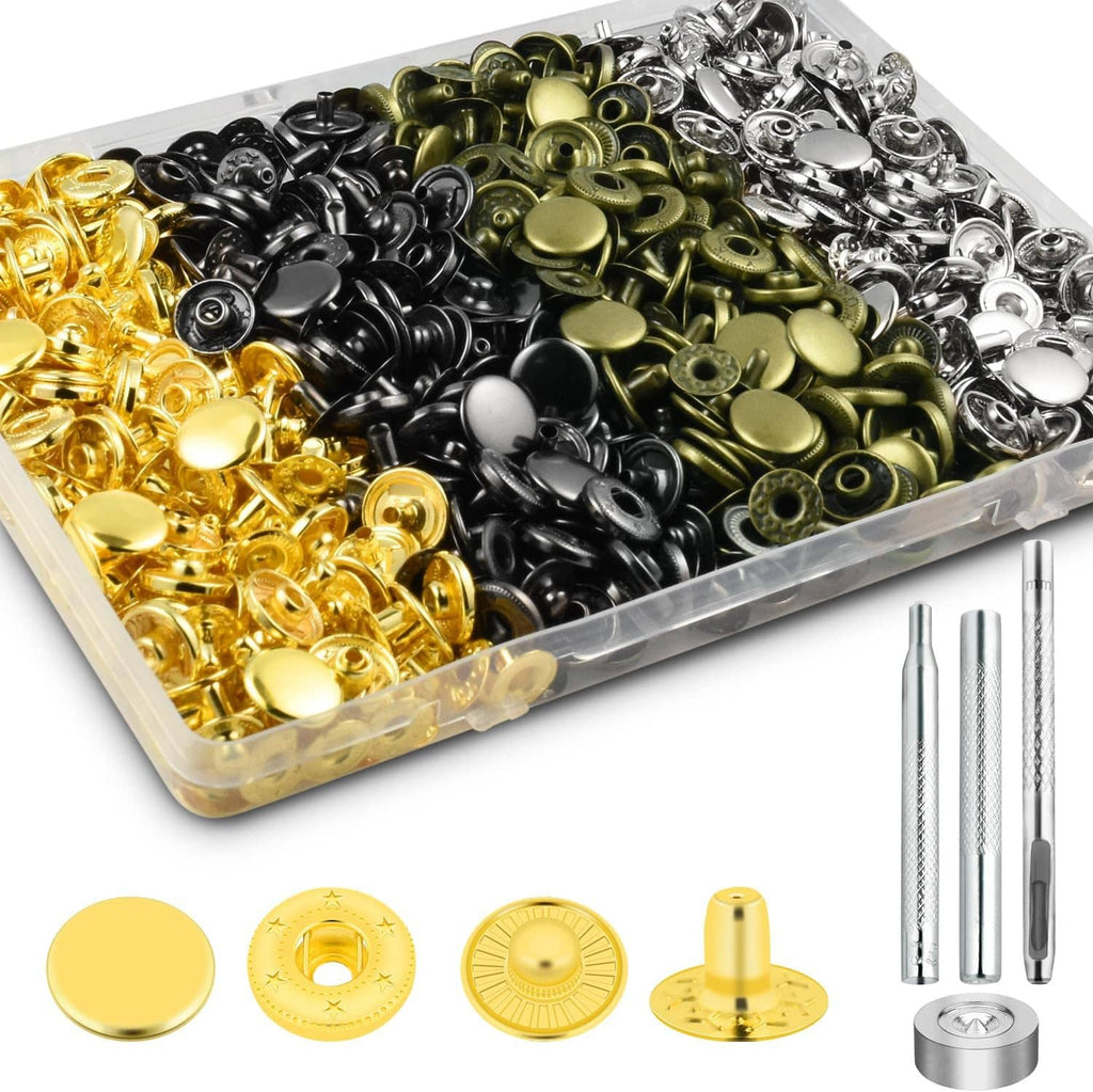 Boxed set of metal leather snaps with press studs and tools for installation