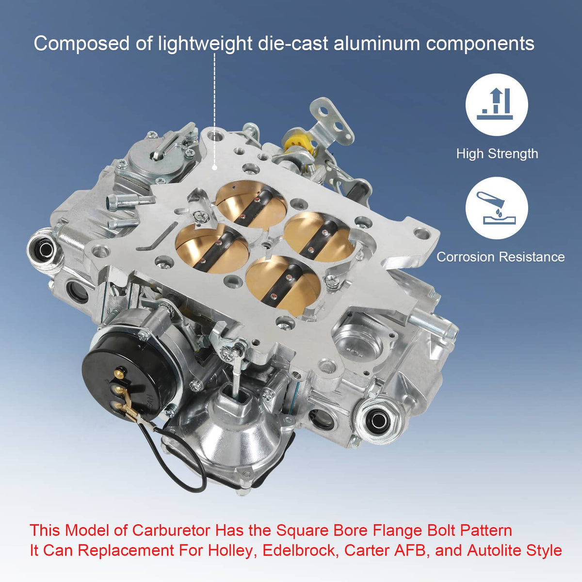 Die-cast aluminum 4-barrel carburetor with vacuum secondary and electric choke parts
