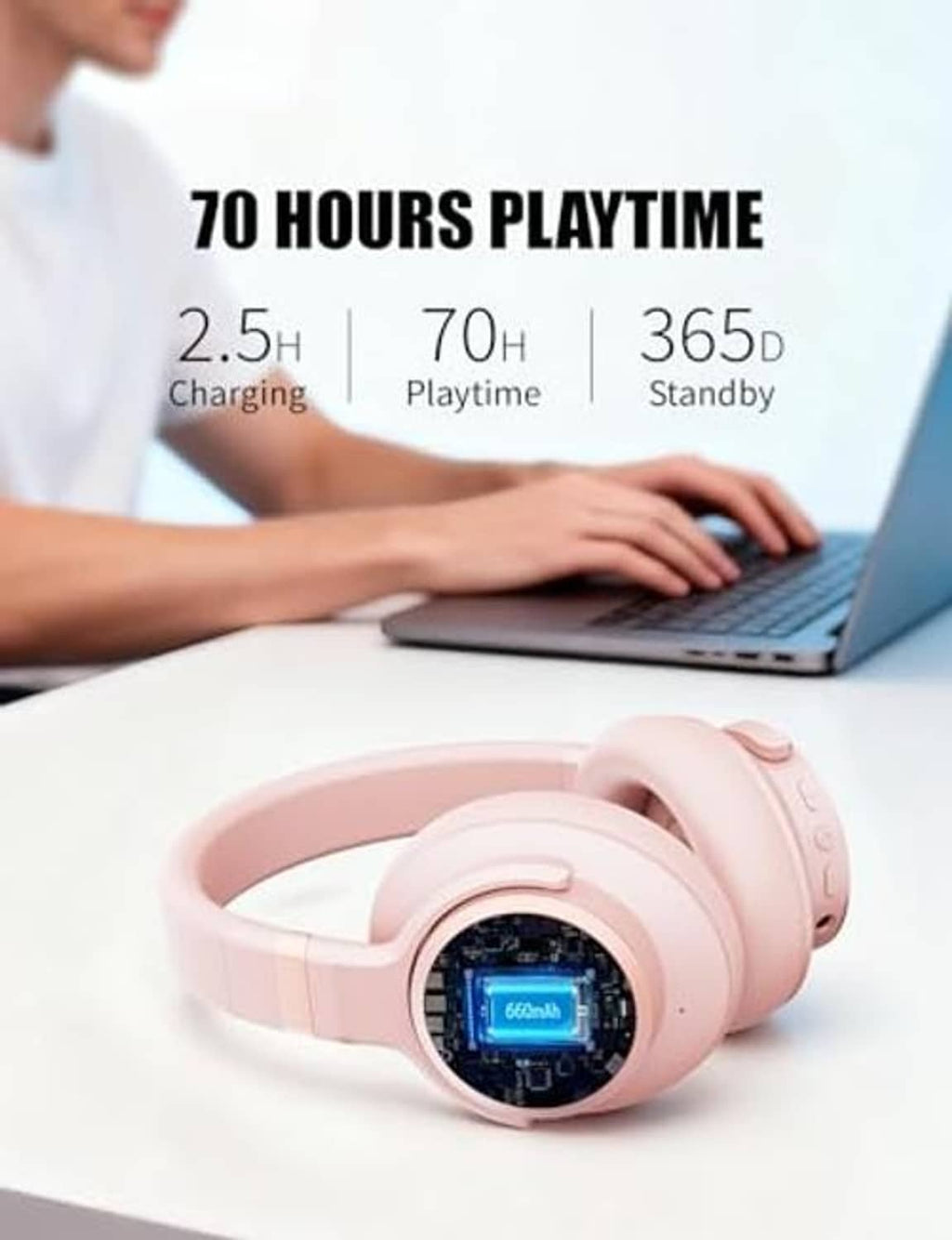 Pink over-ear headphones on a desk with a blue display screen