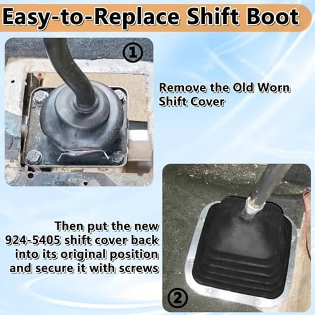 Black shift boot being installed over shift lever opening with screws