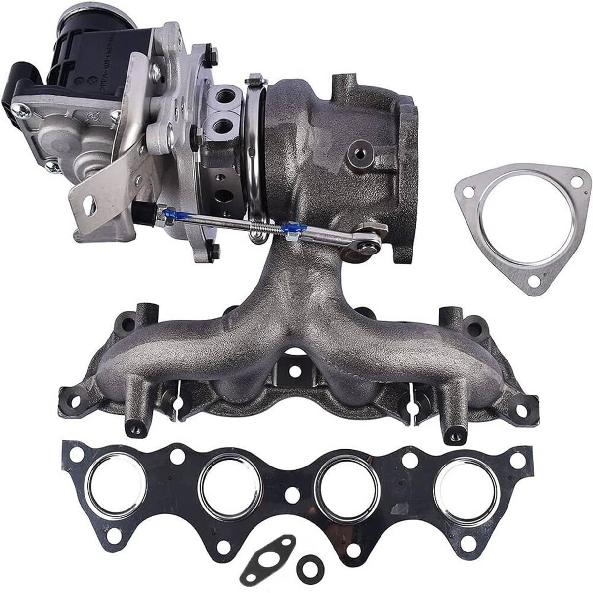 Turbocharger and exhaust manifold assembly with mounting flange and gasket set, dark gray