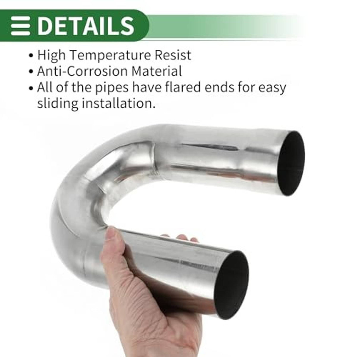 Stainless exhaust U-bend tube with flared ends, held in hand