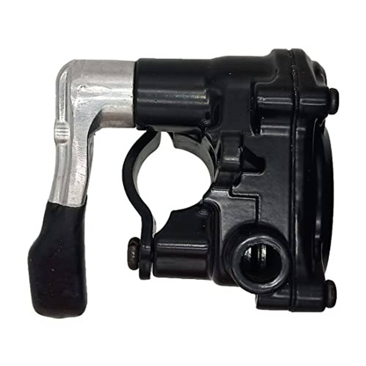 Black thumb throttle control with silver end cap and trigger lever, close-up