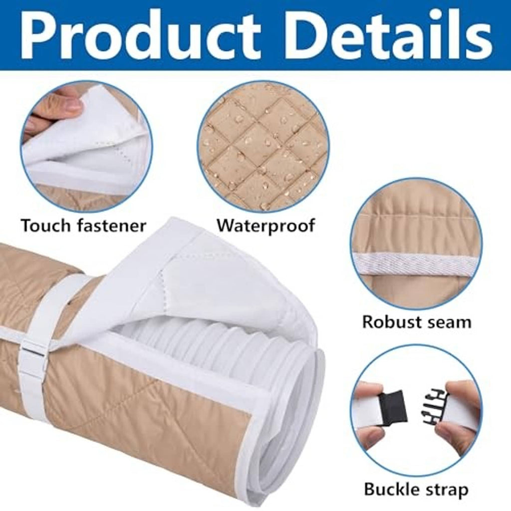 Beige quilted AC hose cover with white fastener strip, reinforced seams and buckle strap