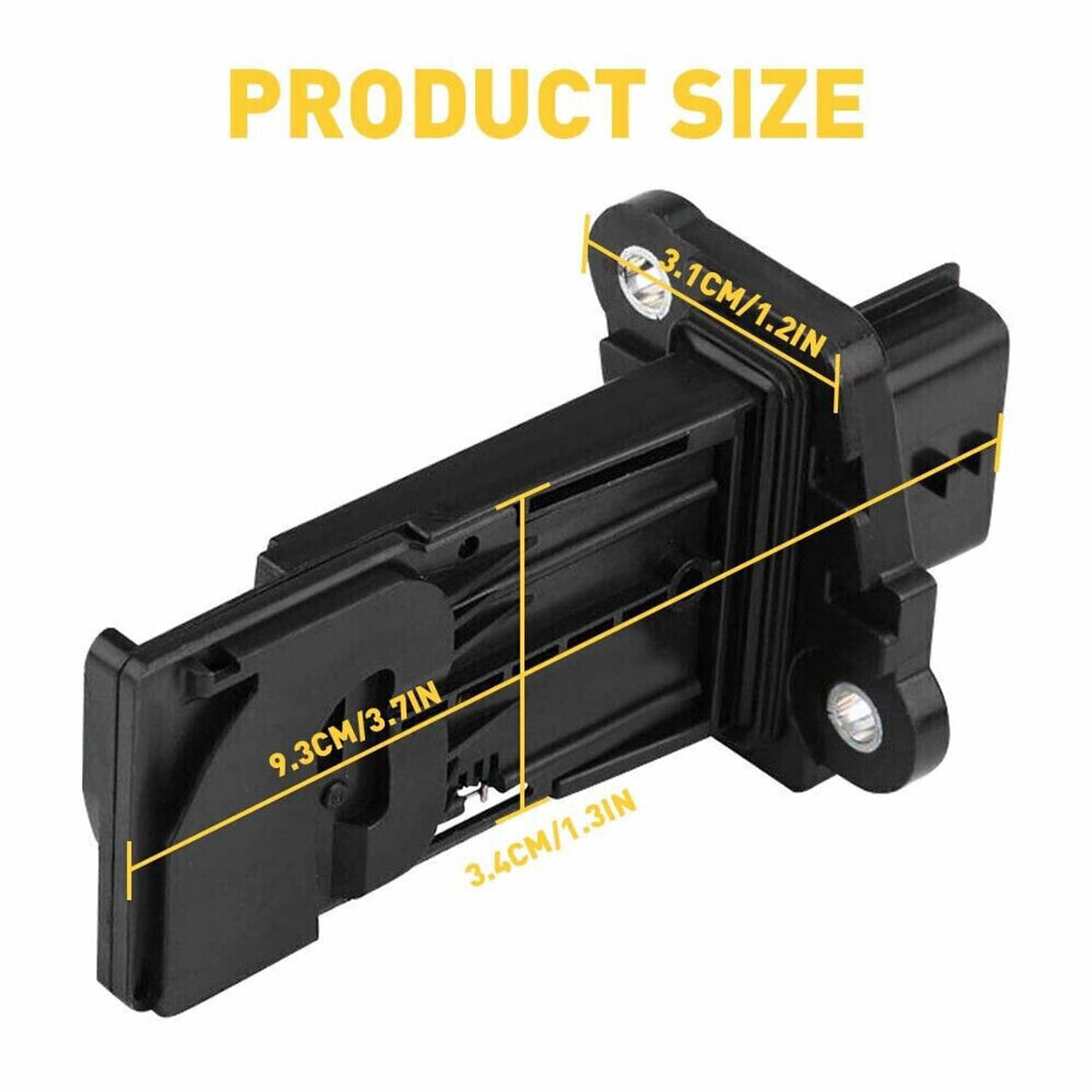 Black mass air flow sensor side view with mounting screws and labeled dimensions