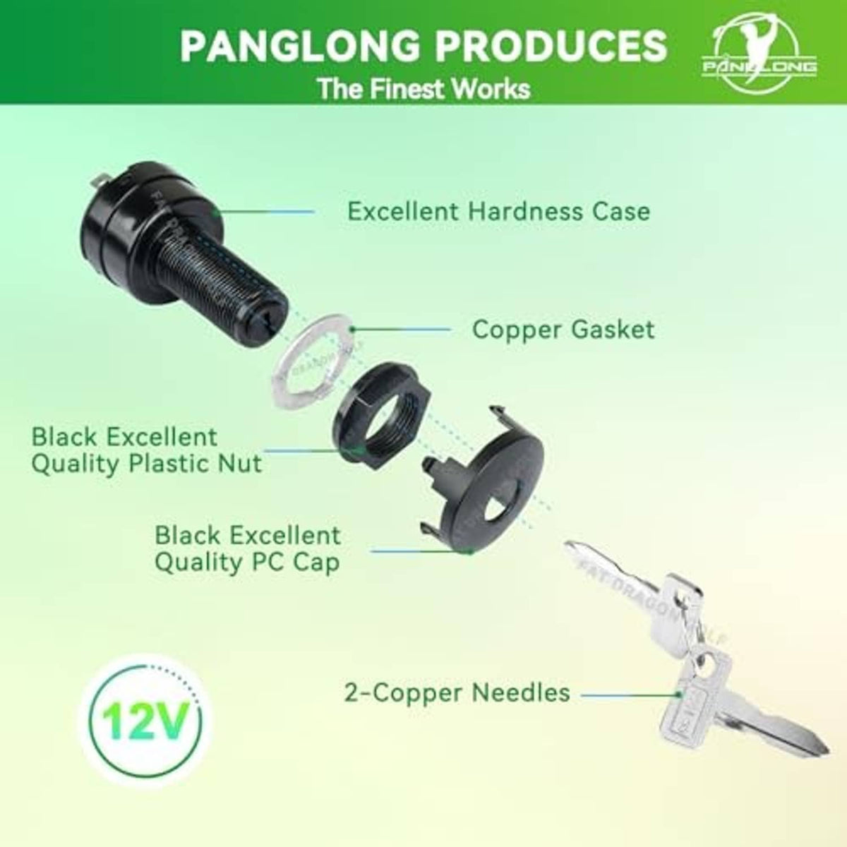 Ignition key switch kit with black housing, key, and small metal contact parts