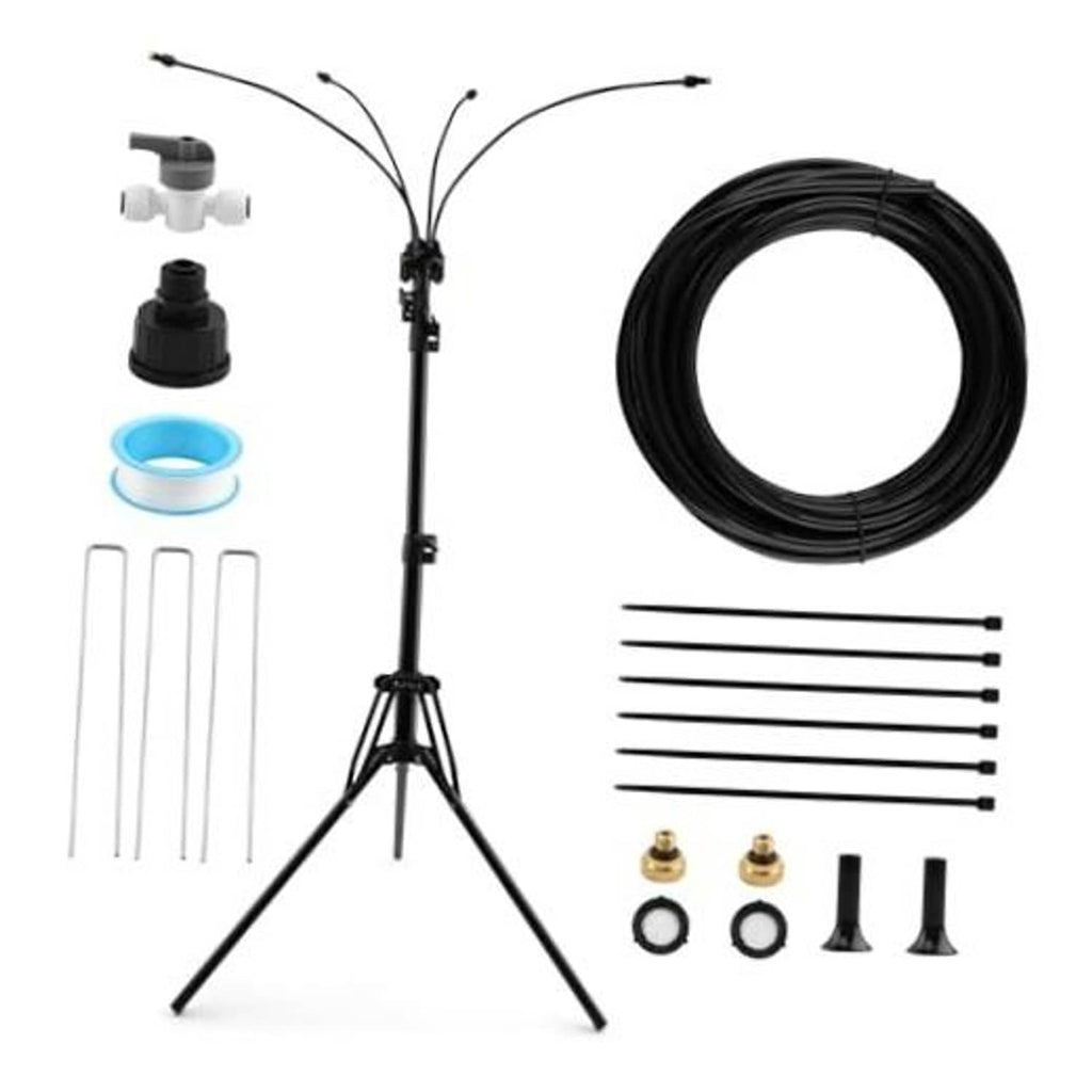 Outdoor patio misting system stand kit with tripod legs, black hose, and spray parts