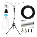 Outdoor patio misting system stand kit with tripod legs, black hose, and spray parts