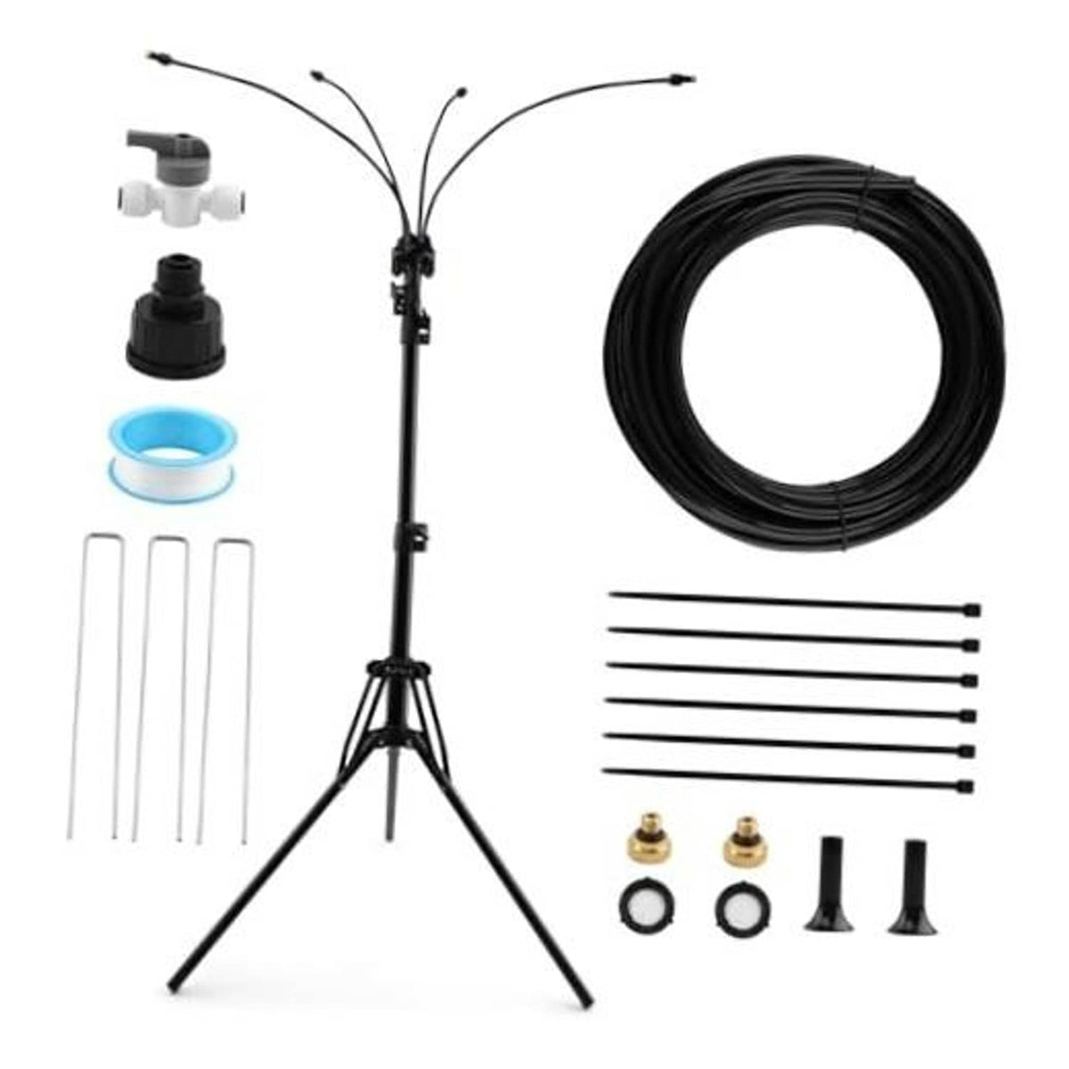 Outdoor patio misting system stand kit with tripod legs, black hose, and spray parts