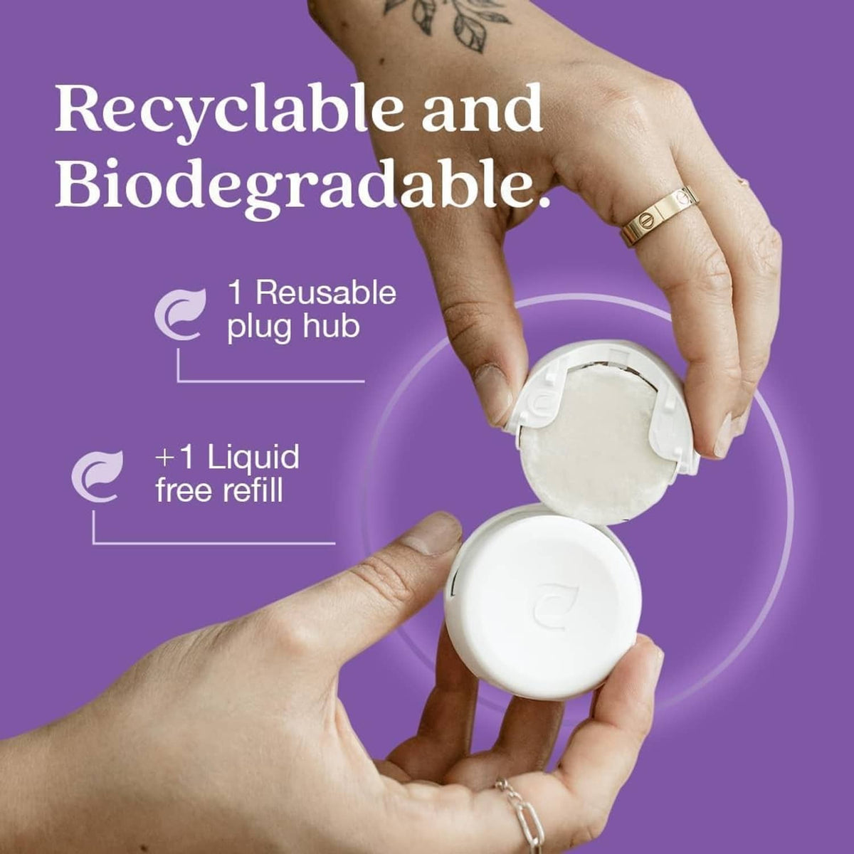 White plug hub and liquid free refill hands with recyclable and biodegradable icons
