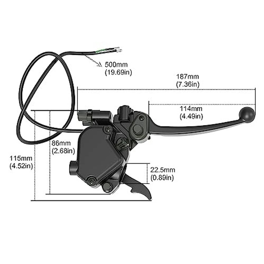 Dual brake lever thumb throttle dimensions diagram with black levers and cables.