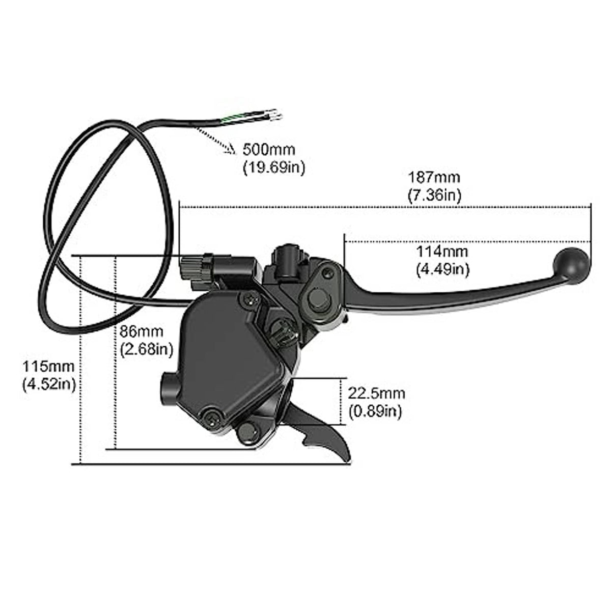 Dual brake lever thumb throttle dimensions diagram with black levers and cables.