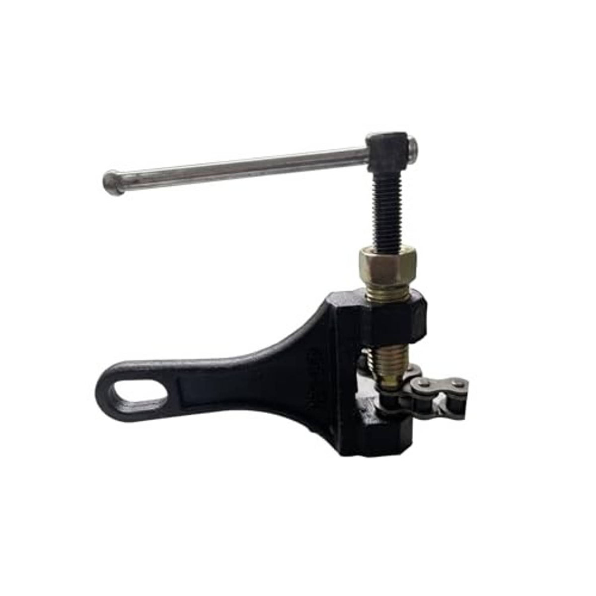 Black chain breaker tool for motorcycle roller chain with long threaded adjustment screw