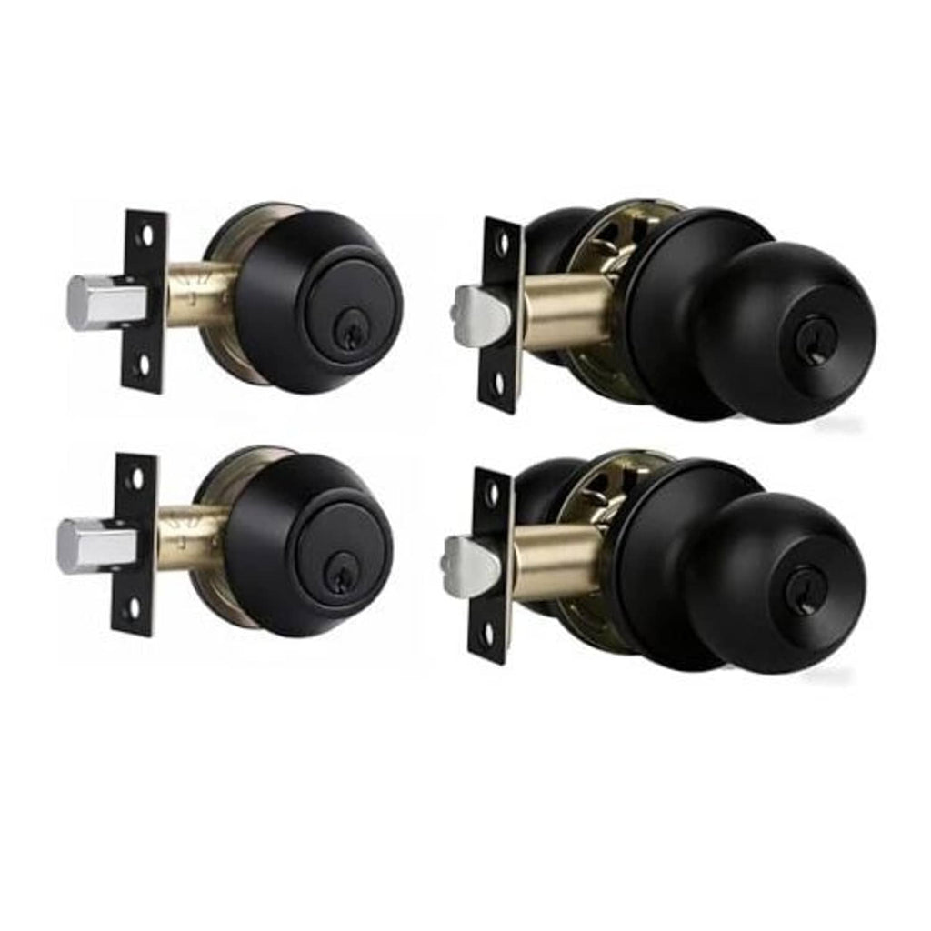 Matte black single-cylinder deadbolt lock set with two knobs and mounting plates