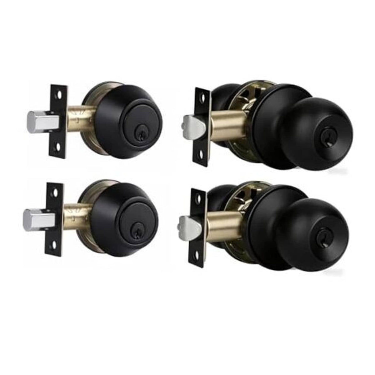 Matte black single-cylinder deadbolt lock set with two knobs and mounting plates