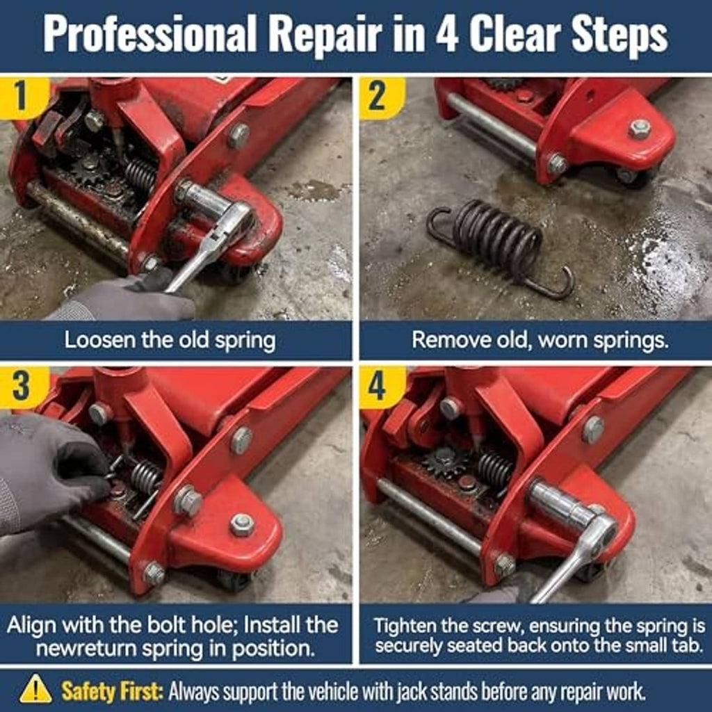 Hydraulic floor jack spring repair steps showing removal and reinstallation