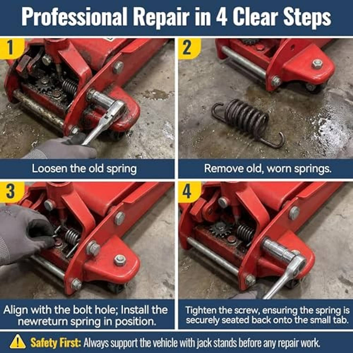 Hydraulic floor jack spring repair steps showing removal and reinstallation