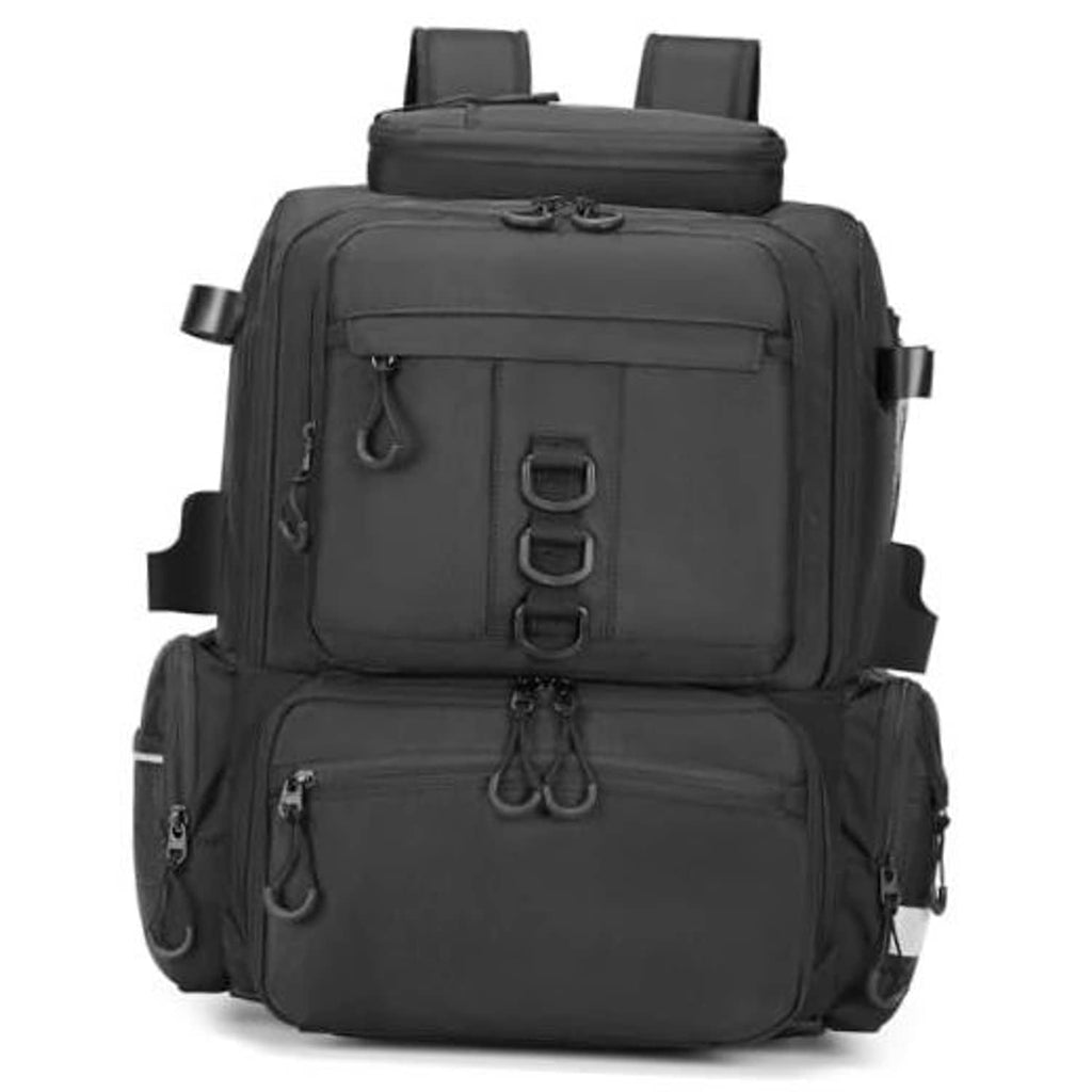 Black tackle backpack with front zip pockets and two stacked compartments