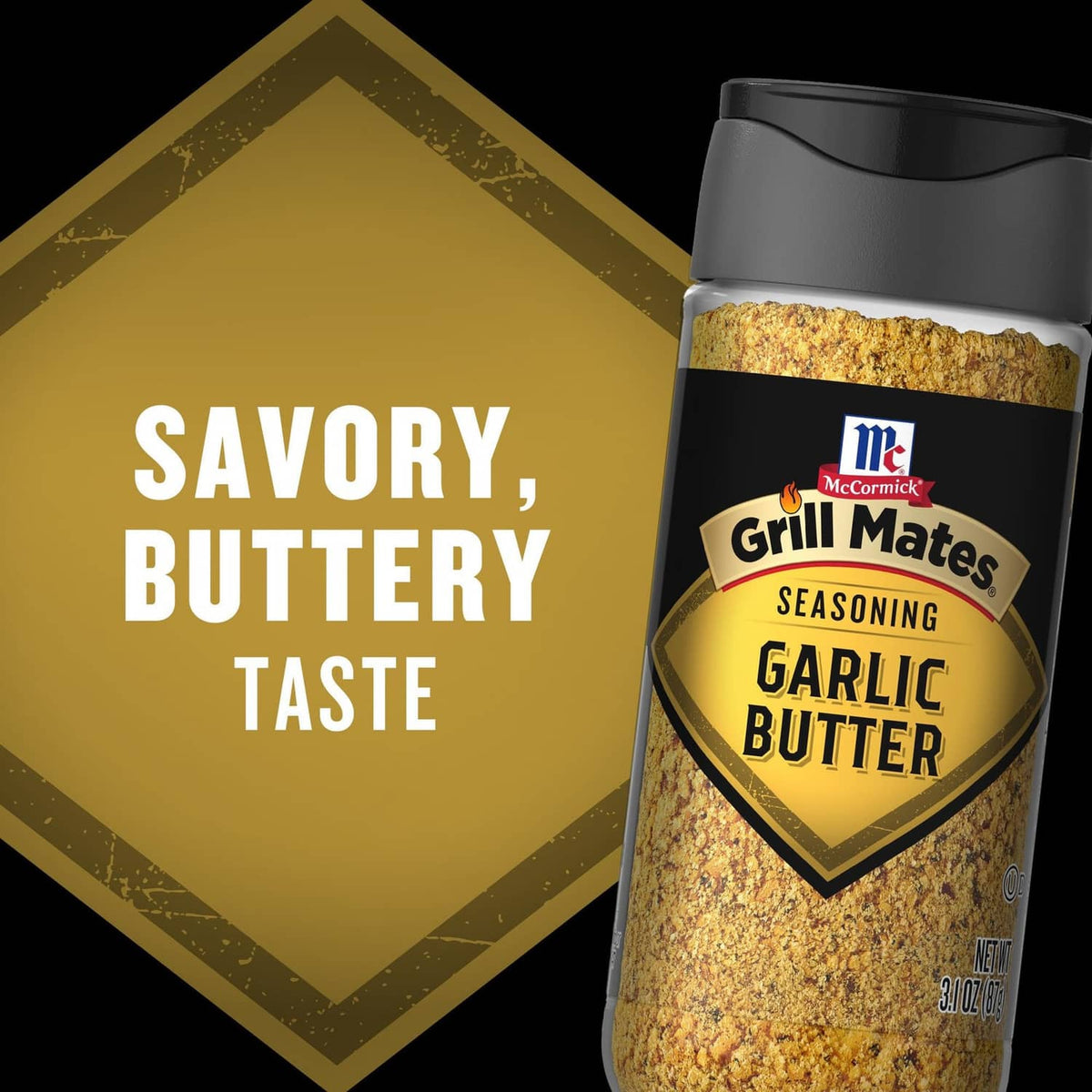 Garlic butter seasoning bottle with Grill Mates label, dark cap, gold speckled contents