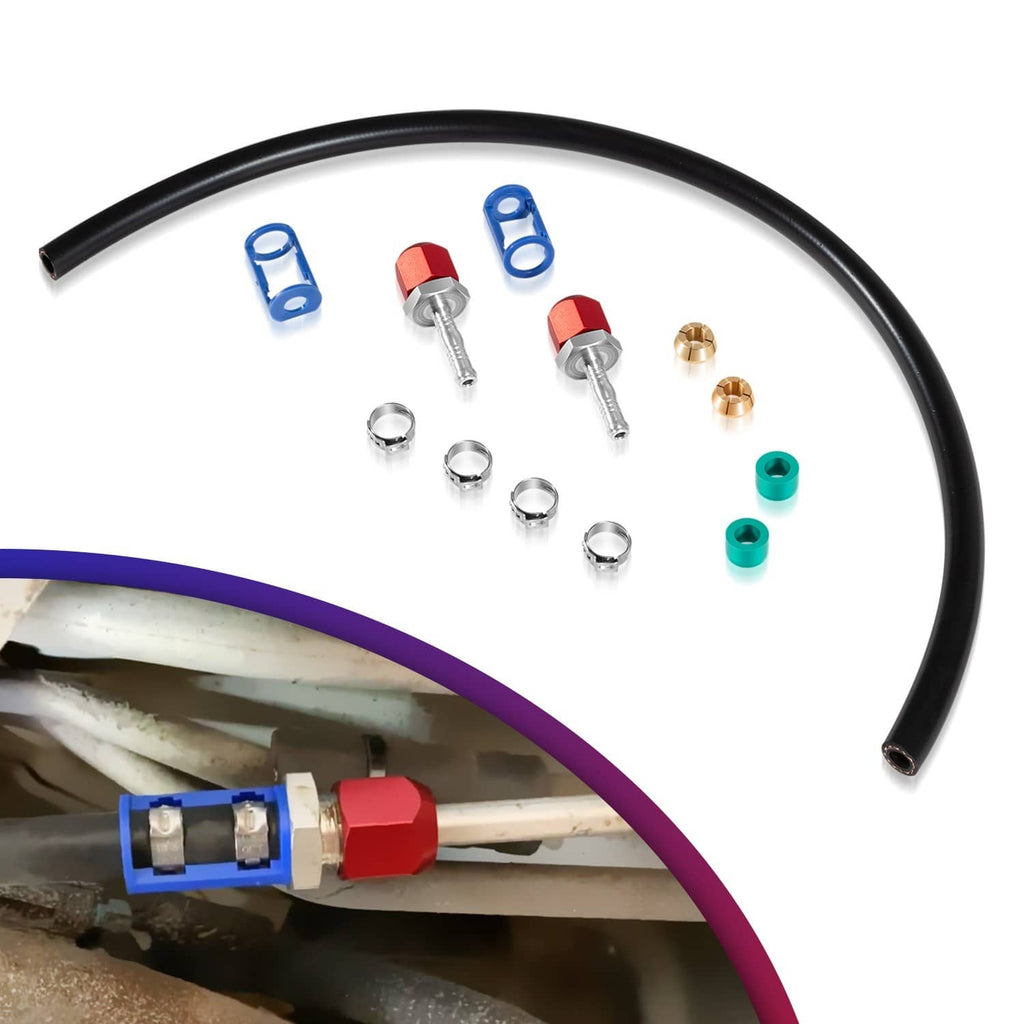 A/C line splice kit with black curved hose, blue clips, red seals, and brass fittings