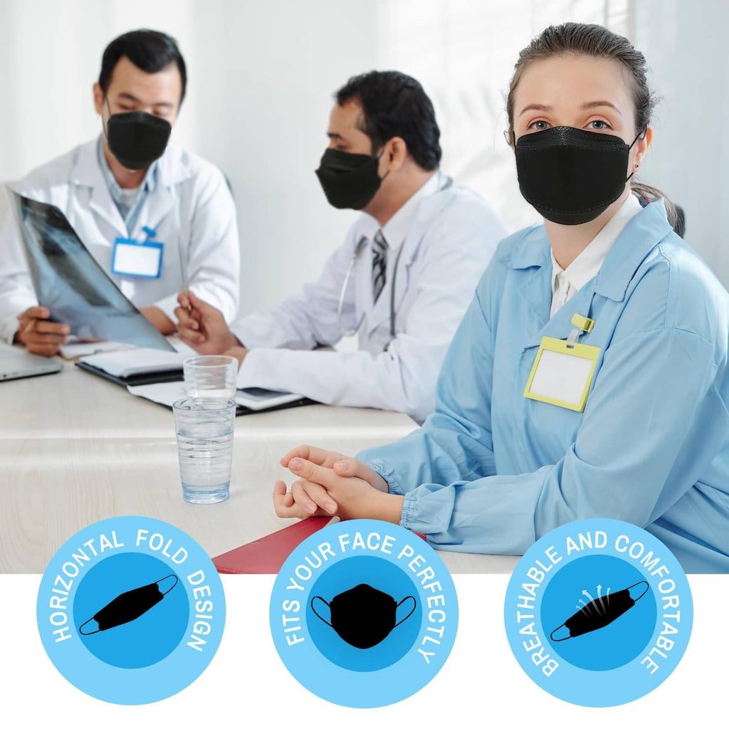 People wearing black KN95 face masks in a clinic setting