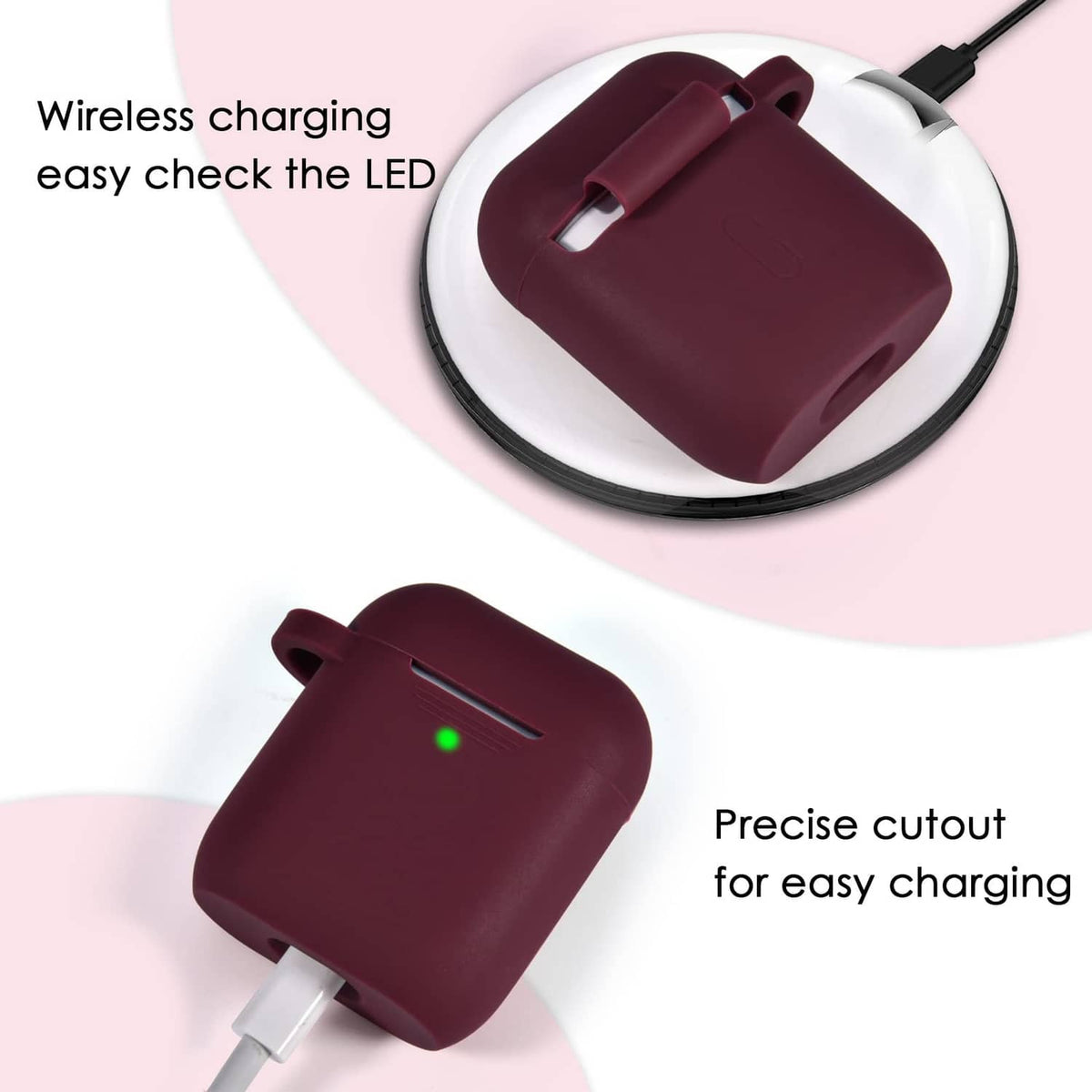 Maroon silicone earbud case cover with charging cutout and LED indicator